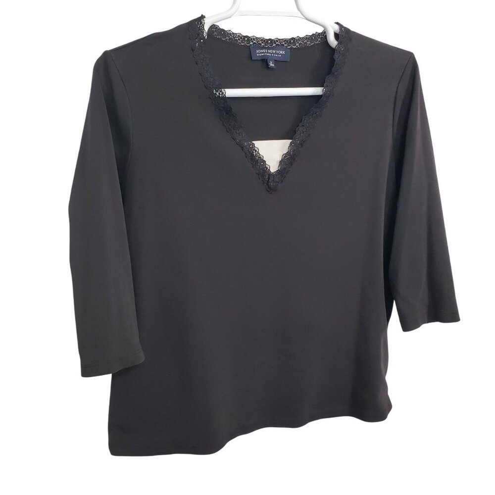 JNY Signature 1X Top Knit Lace Trim V Neck 3/4 Sleeve Cotton Pullover Capsule